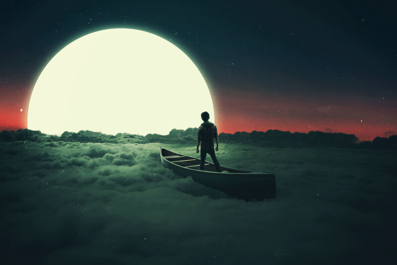 Person in a Boat — Green, Dramatic, Night