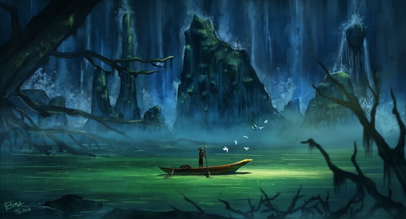 Person in a Boat — Green, Mysterious
