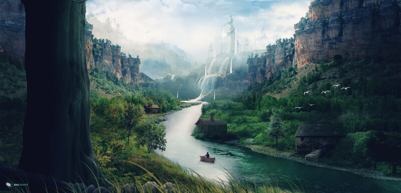 Person in a Boat — Green, Serene, Morning, Digital Art, River