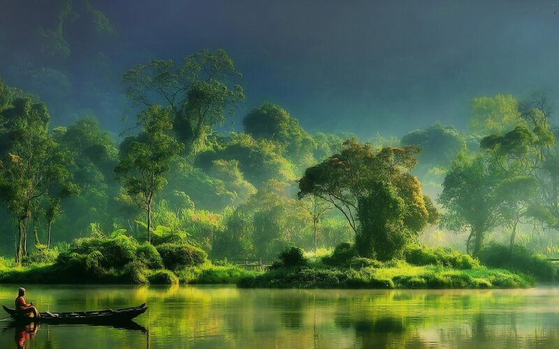 Person in a Boat — Green, Serene, Morning, Digital Art