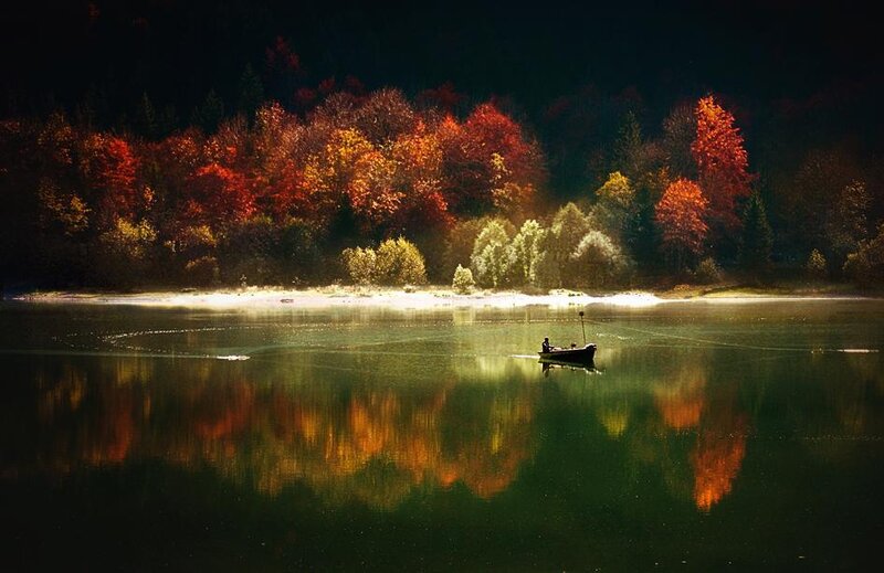 Person in a Boat — Green, Serene, Night