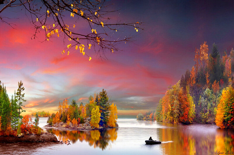 Person in a Boat on a Lake — Red