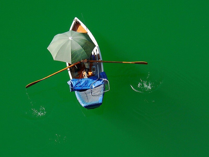 person in a boat on green water