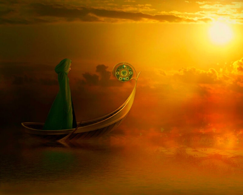 Person in a Boat — Orange, Dramatic, Sunset, Digital Art, Clock