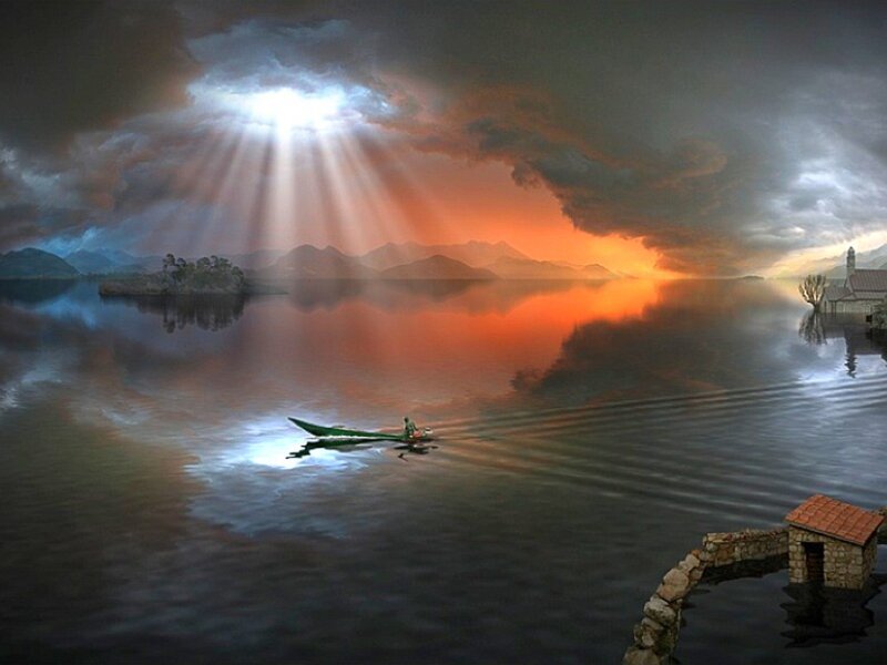 Person in a Boat — Orange, Dramatic, Sunset, Digital Art, Lake