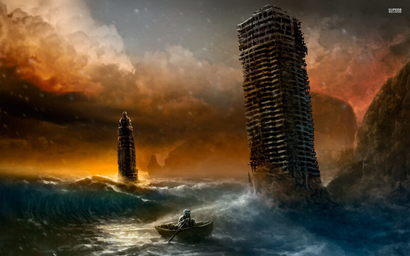 Person in a Boat — Orange, Dramatic, Sunset, Digital Art, Skyscraper