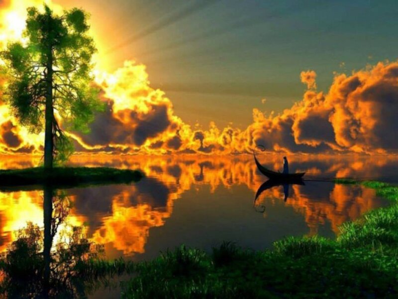 Person in a Boat — Orange, Dramatic, Sunset, Digital Art, Tree