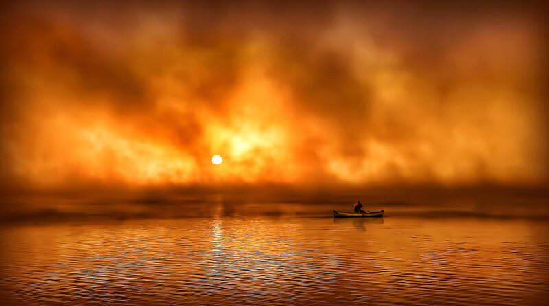 Person in a Boat — Orange, Dramatic, Sunset, Photograph