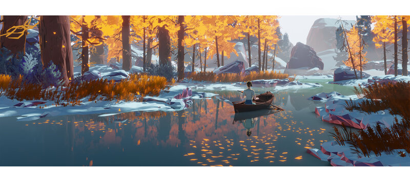 Person in a Boat — Orange, Serene, Autumn, Digital Art, River