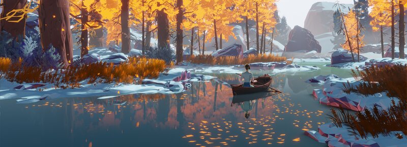 Person in a Boat — Orange, Serene, Autumn, Digital Art