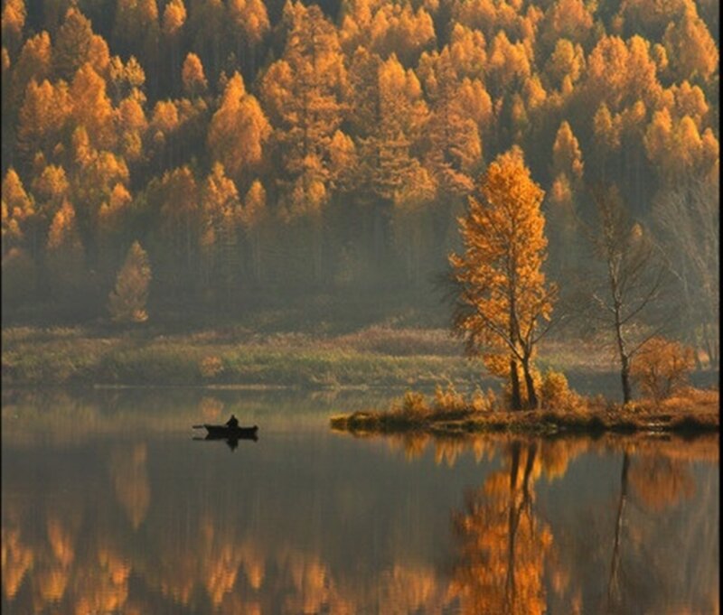 Person in a Boat — Orange, Serene, Autumn