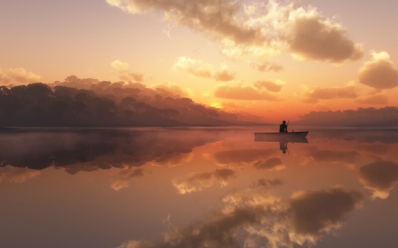 Person in a Boat — Orange, Serene, Sunset, Digital Art, Trees, Sky, Purple