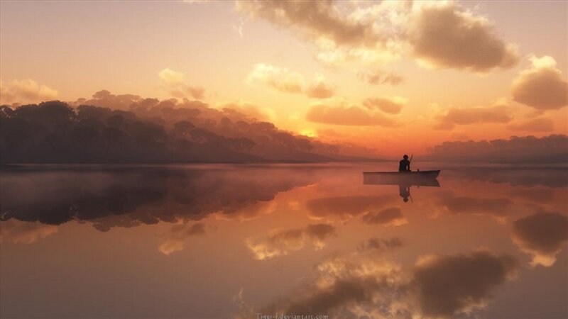 Person in a Boat — Orange, Serene, Sunset