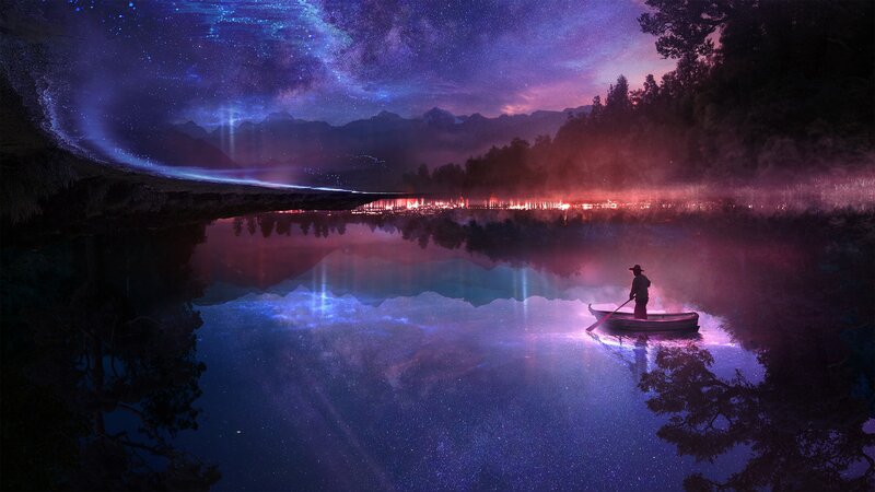 Person in a Boat — Purple, Serene, Night, Digital Art