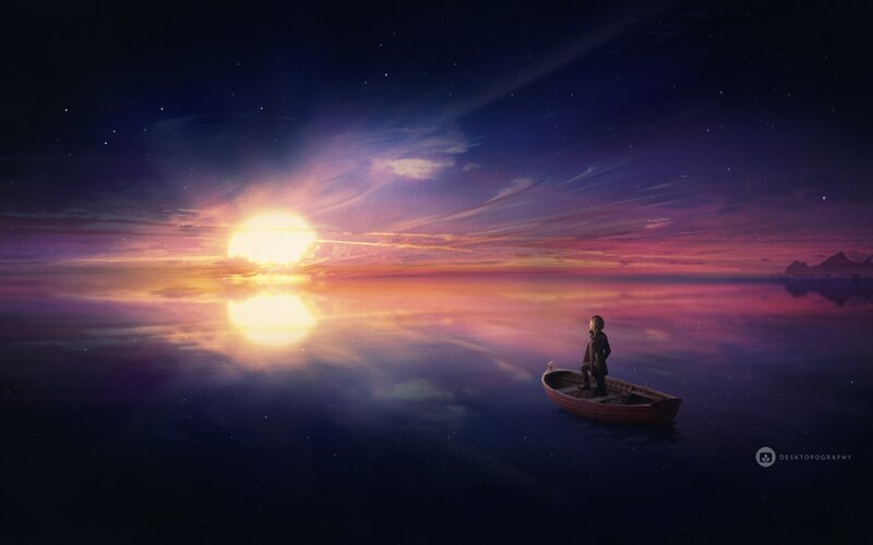 Person in a Boat — Purple, Serene, Sunset, Digital Art, Sun