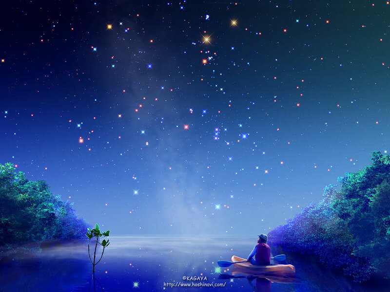 Person in a boat under stars