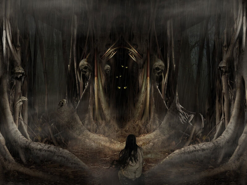 person in a dark forest