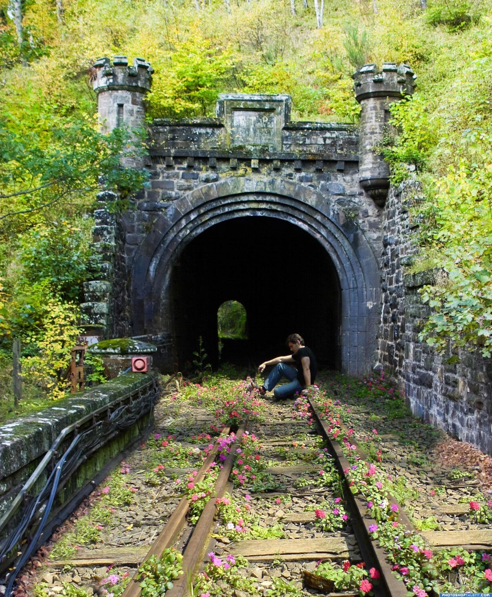 Person in a flower-covered tunnel