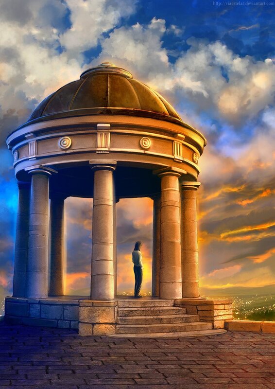 Person in a gazebo at sunset