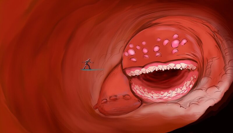 person in a giant mouth tunnel