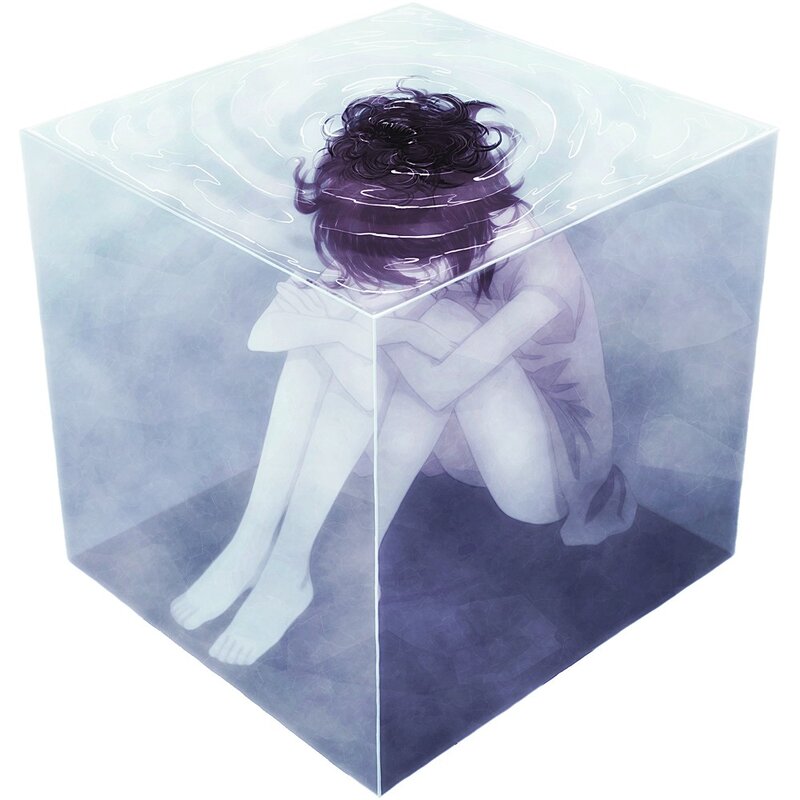 person in a glass cube