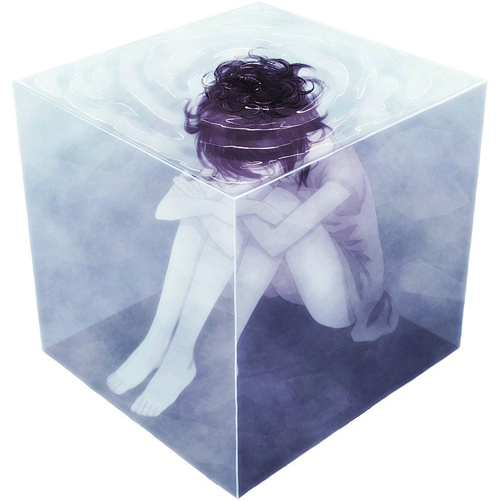 person in a glass cube