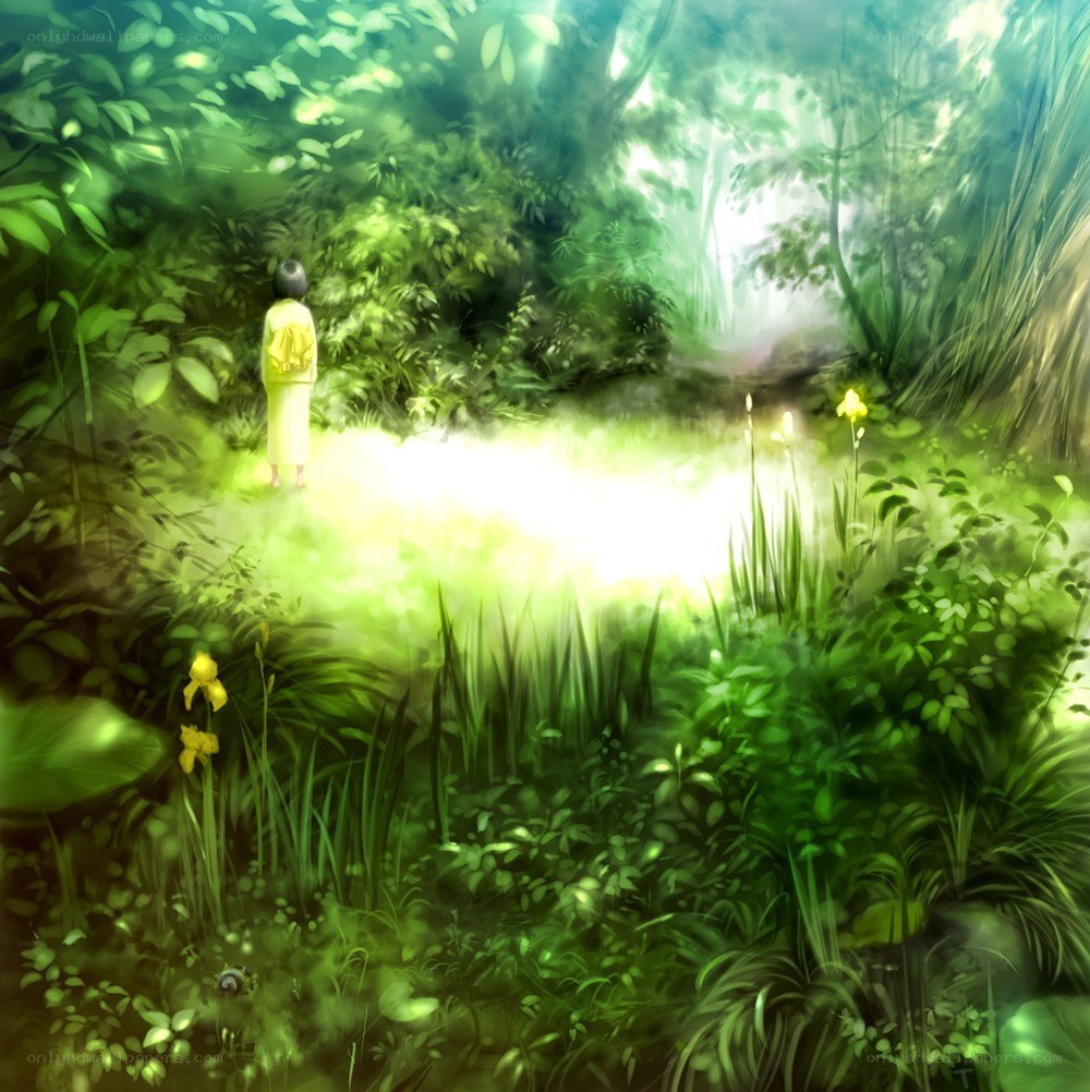 person in a green forest