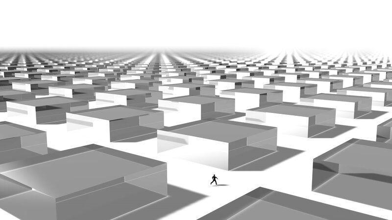 person in a maze of cubes