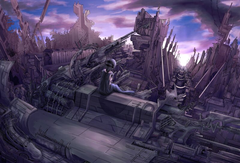 person in a ruined city