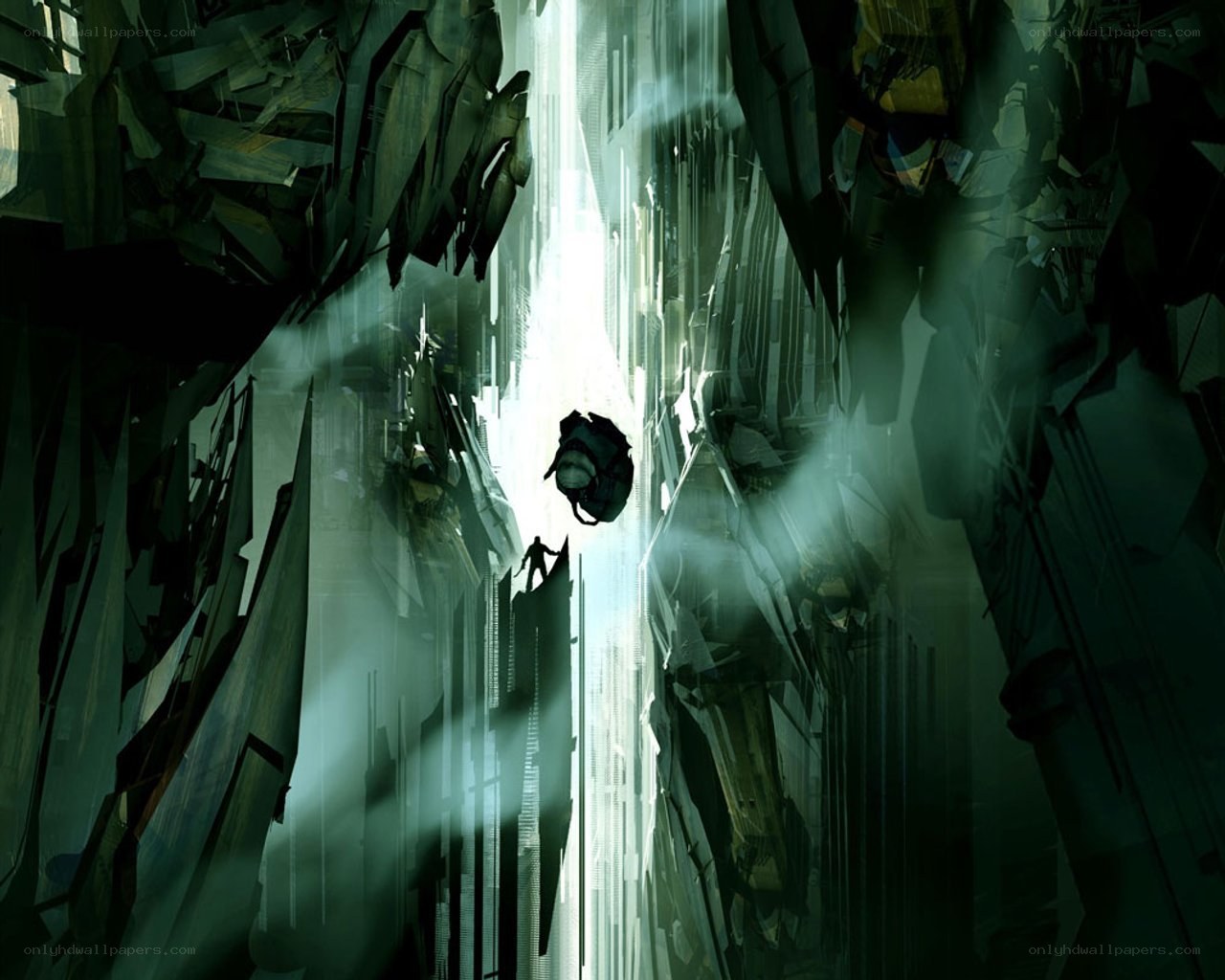 person in a shattered corridor