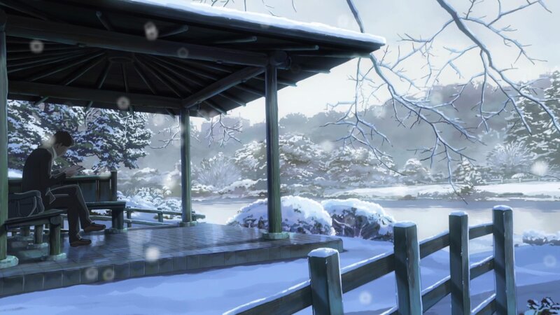 Person in a snowy pavilion