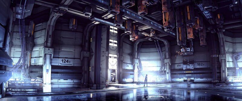 Person in a Spaceship Hangar