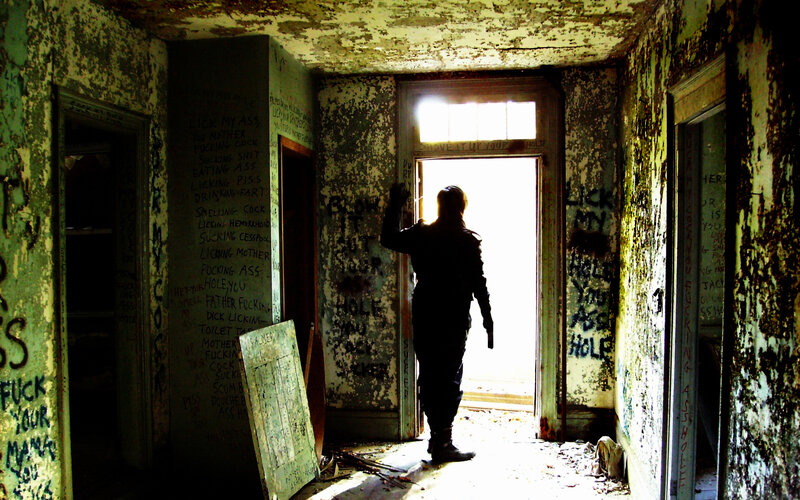 person in abandoned building