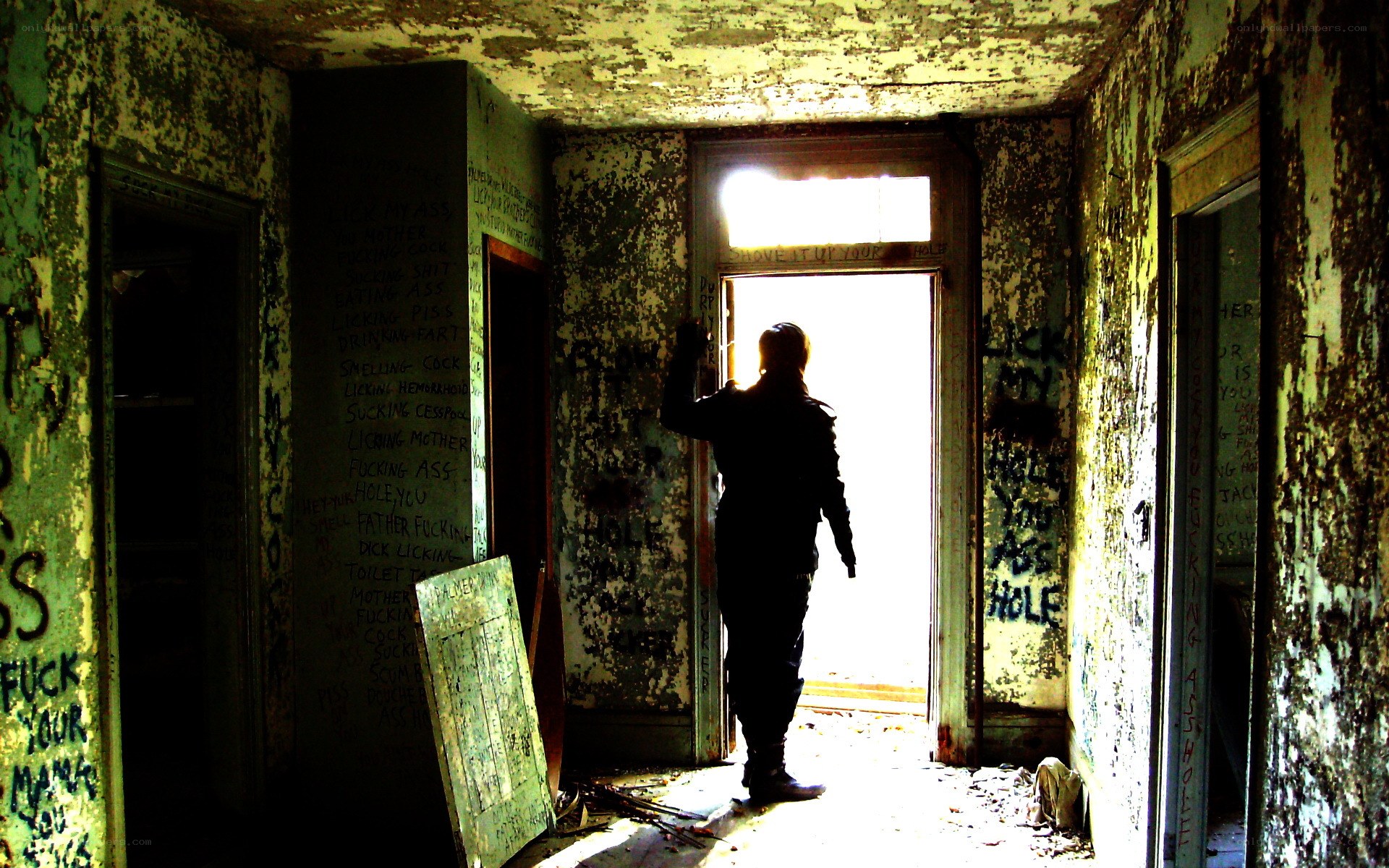person in abandoned building