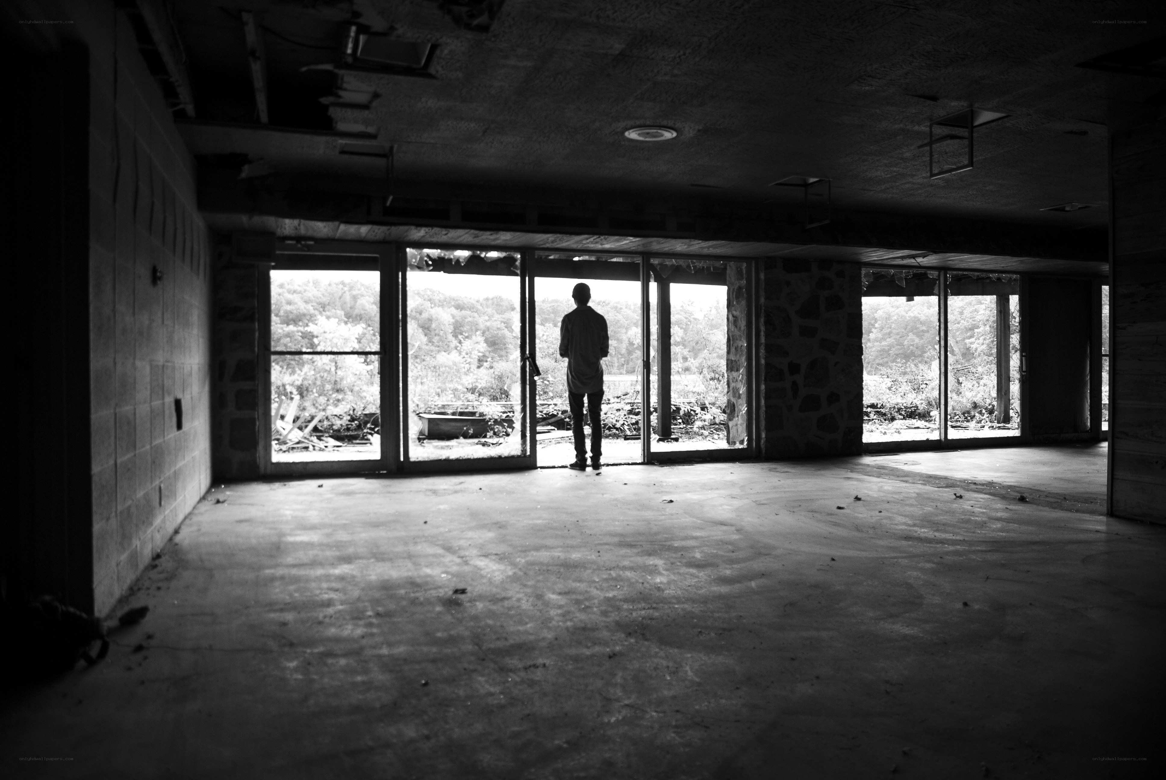 person in abandoned building