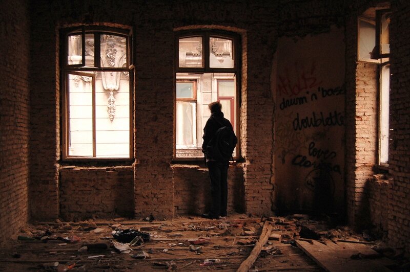 person in abandoned building