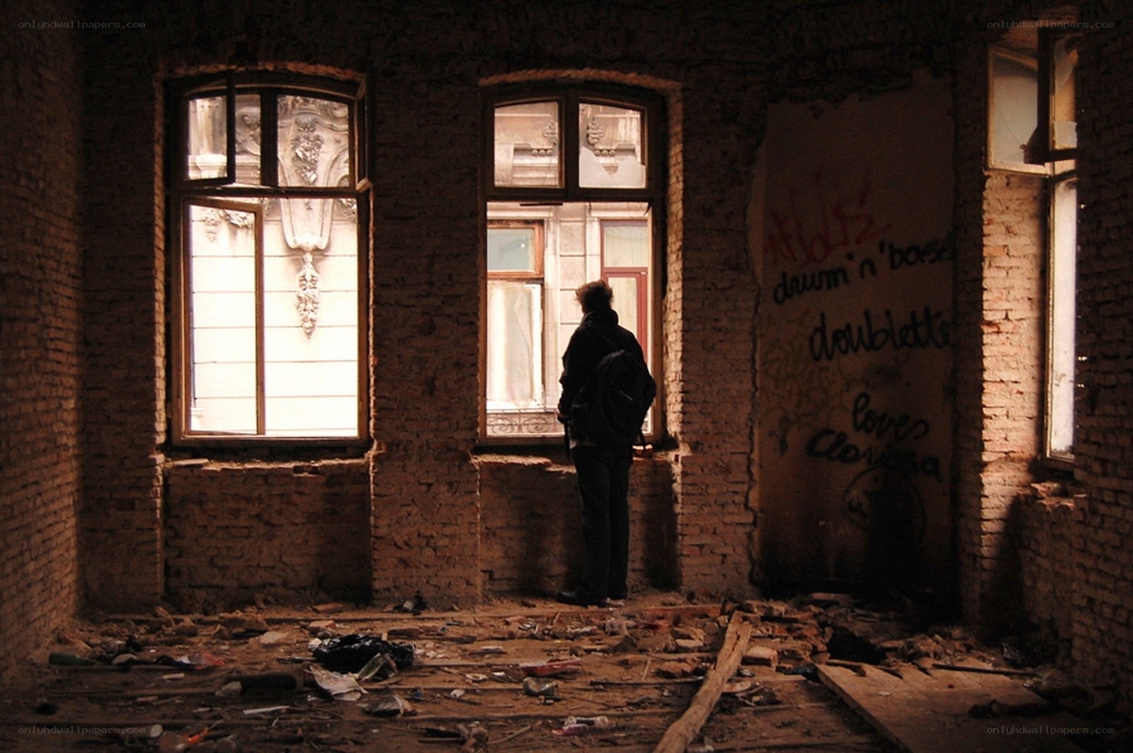 person in abandoned building