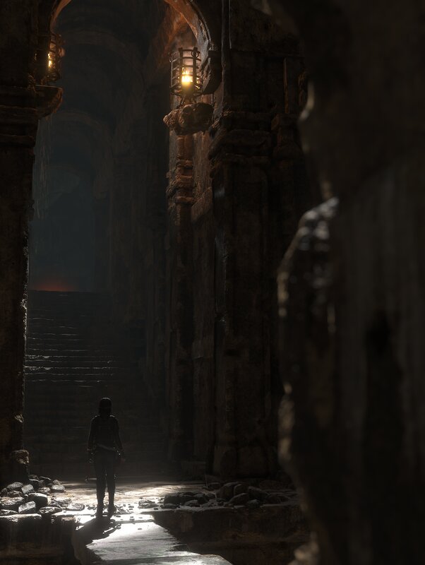 Person in Ancient Corridor