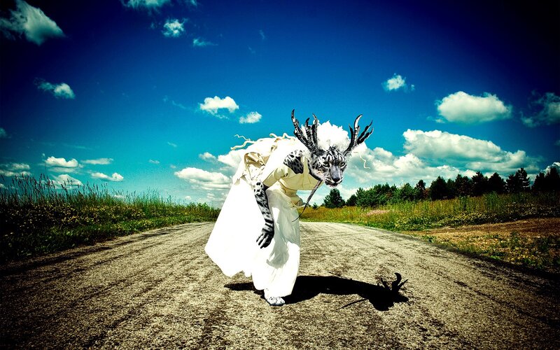 person in animal mask on road