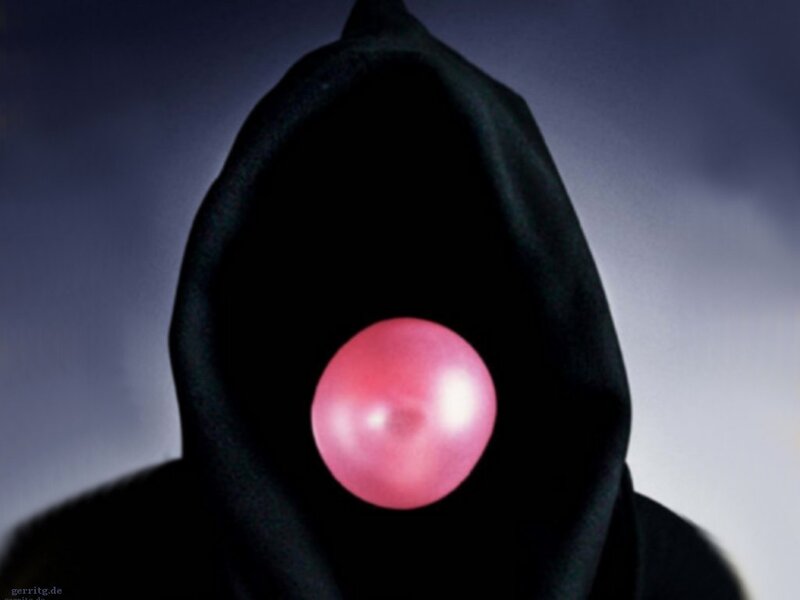 person in black hood with pink bubble