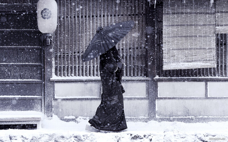 Person in Black Kimono — Serene, Winter, Photograph, Umbrella