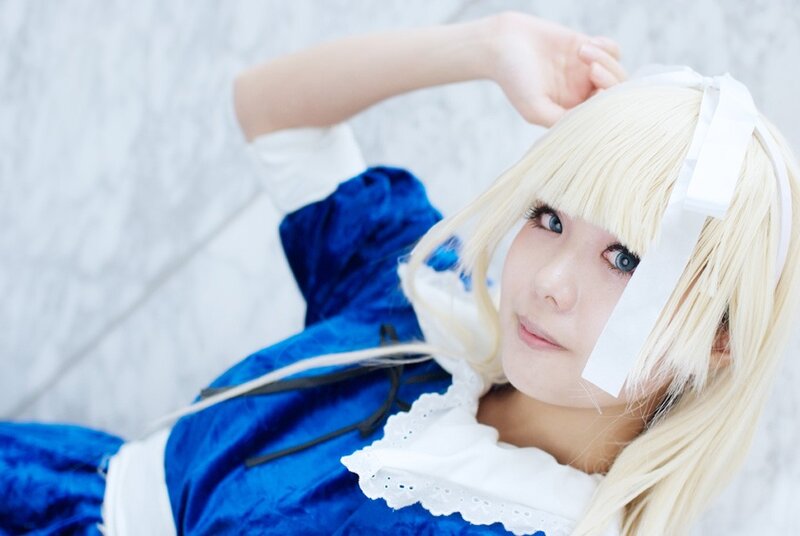 Person in Blue Dress — Calm, Photograph, Blonde Wig, Blue Dress