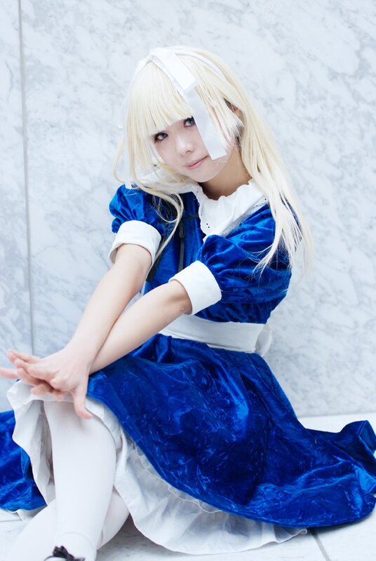 Person in Blue Dress — Calm, Photograph, Blonde Wig
