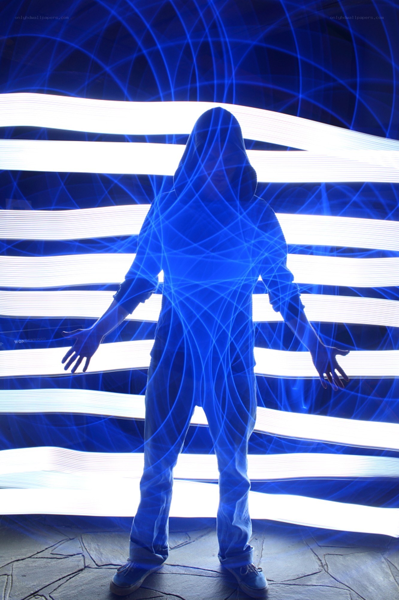 person in blue light art