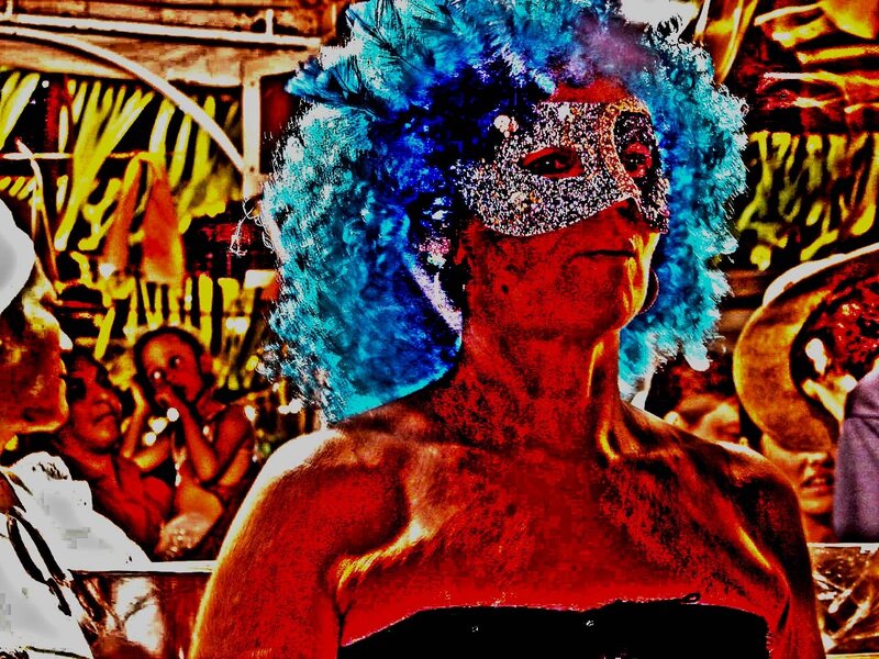 person in blue wig and mask