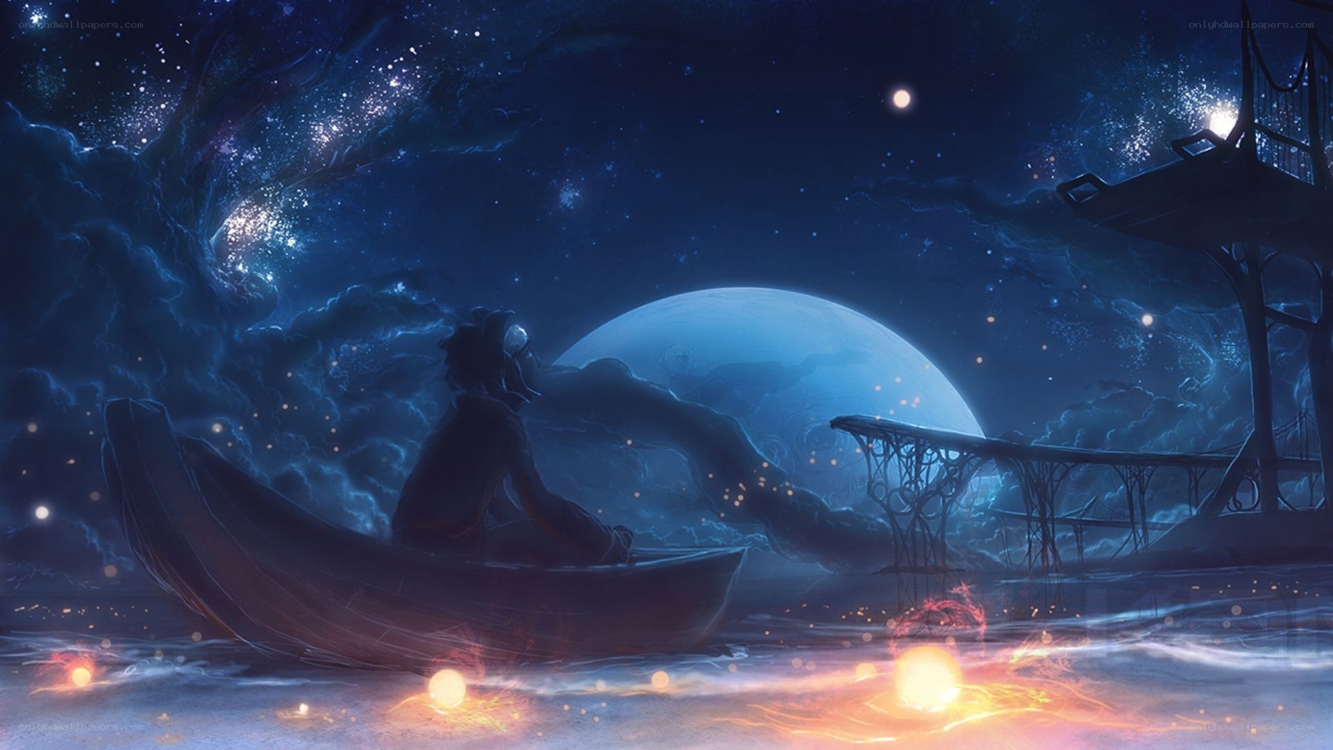 Person in boat under starry sky