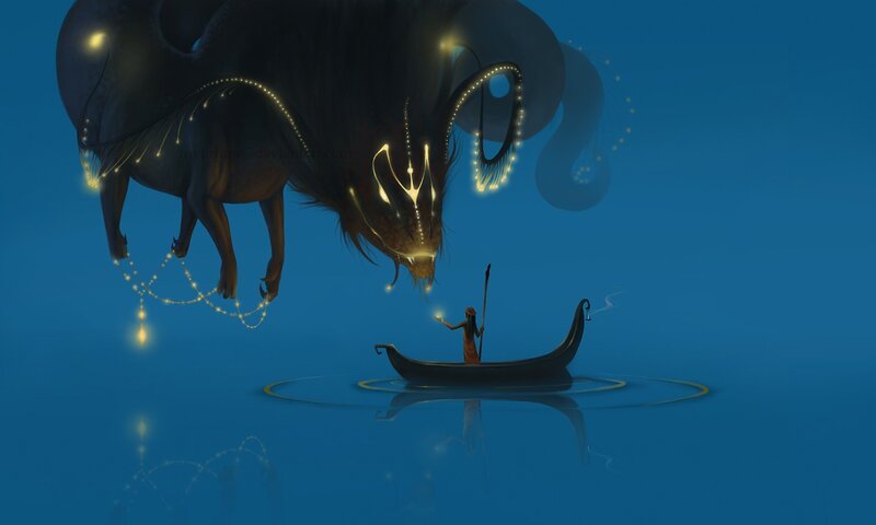 Person in Boat with Creature — Blue