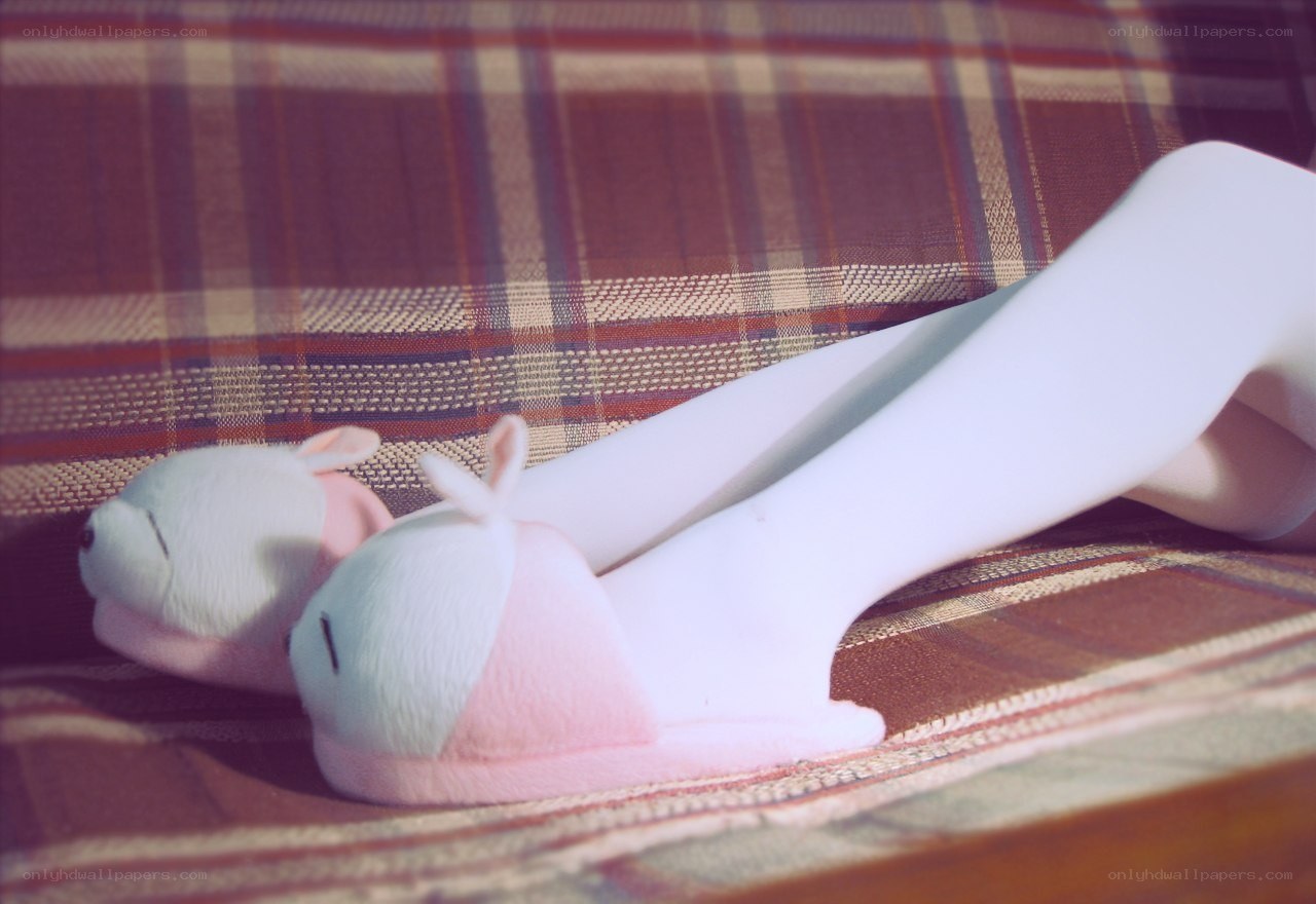 person in bunny slippers