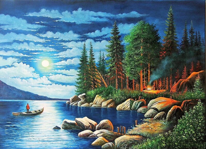 Person in Canoe at Night — Blue