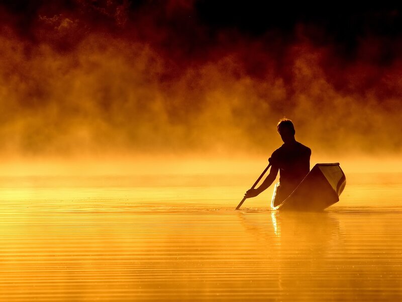 Person in Canoe — Gold, Serene, Sunrise